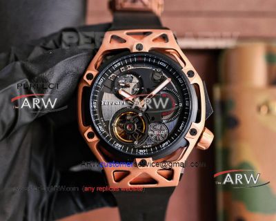 Replica Hublot Techframe Ferrari 70th Anniversary Tourbillon Chronograph Rose Gold Case Watch 